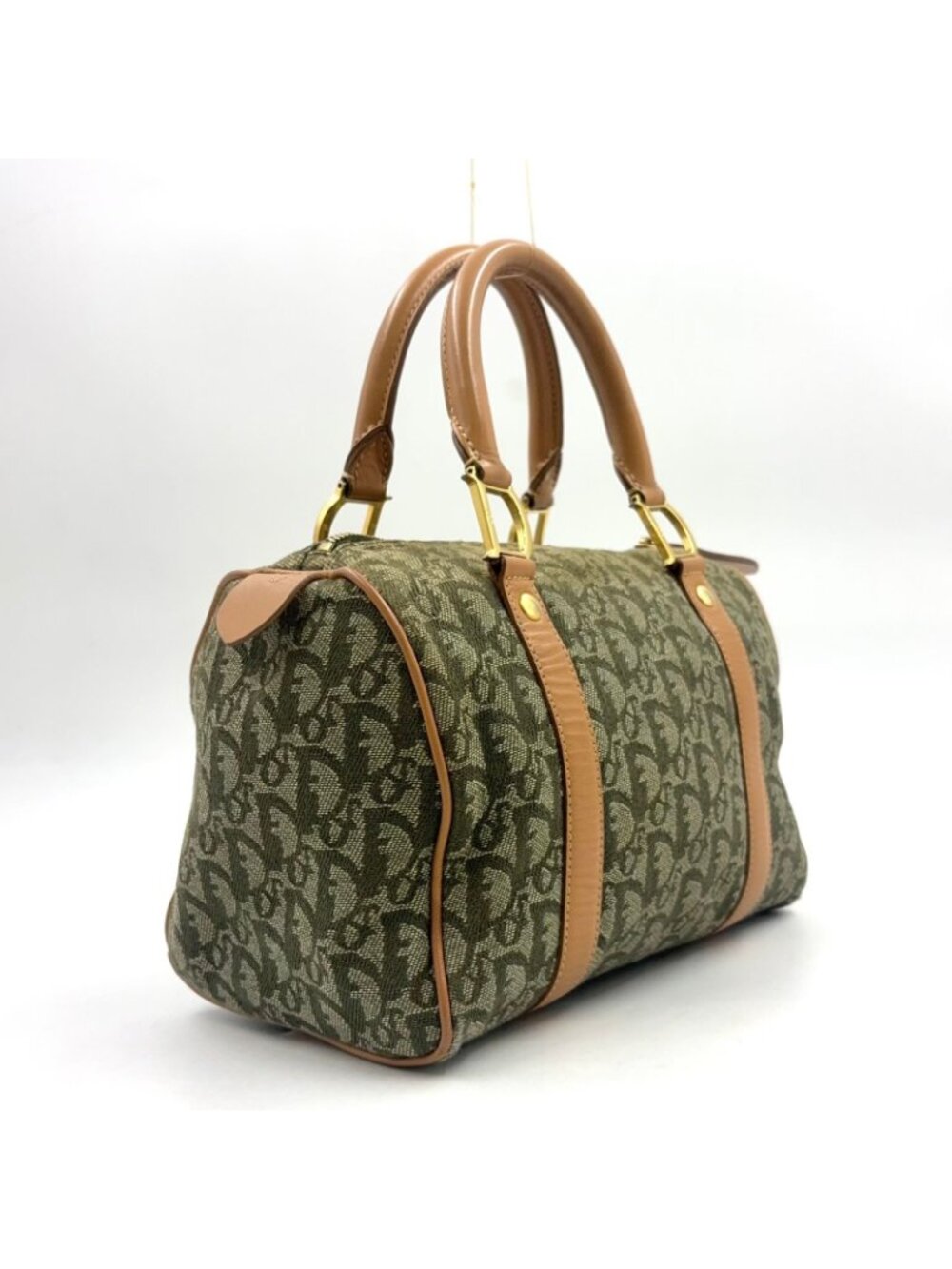 Dior Trotter Mini Leather Canvas Khaki Green Light Brown Boston Bag Gold - Picture 2 of 15